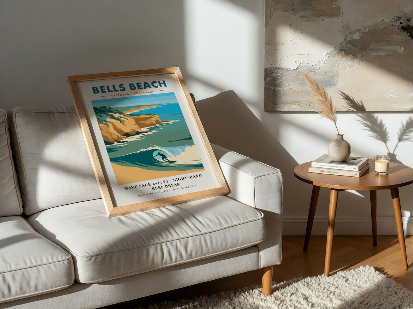 Bells Beach travel poster featuring a surfer on a wave with golden cliffs background