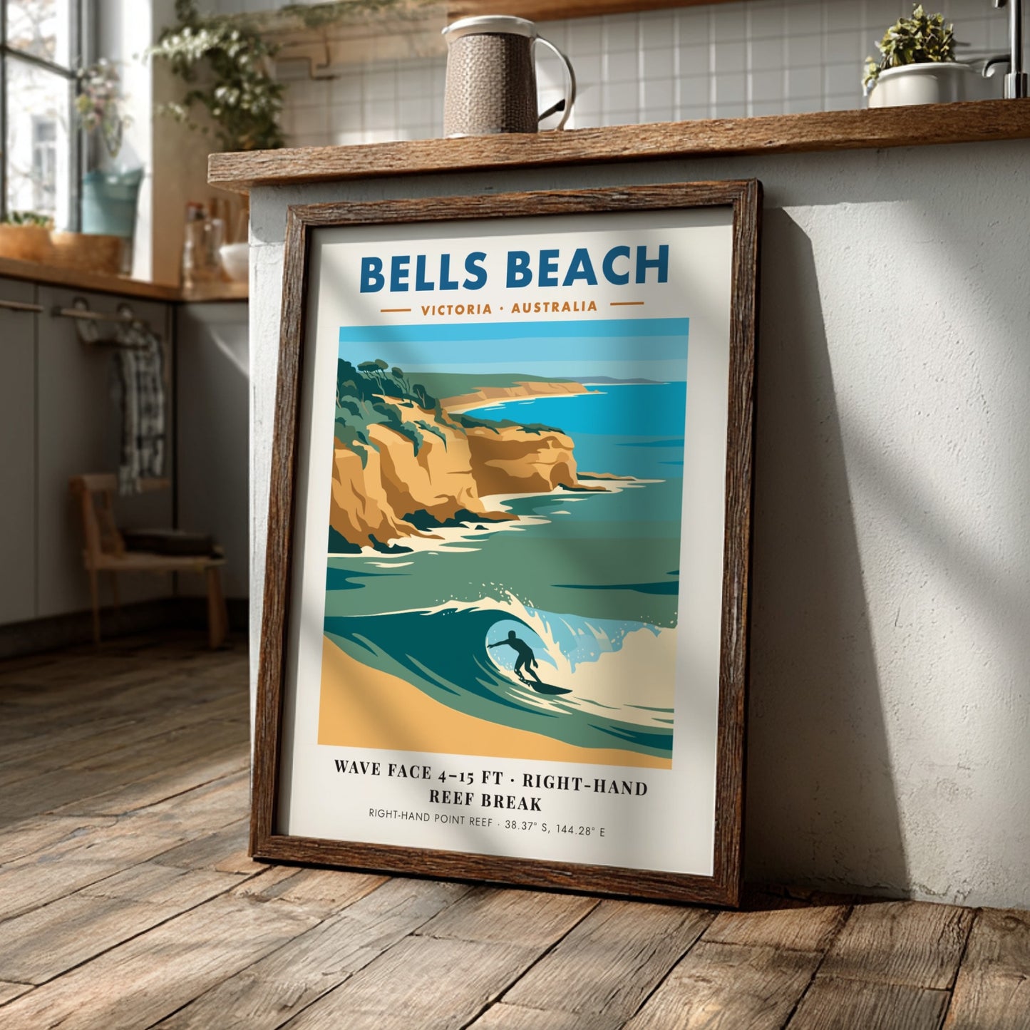 Bells Beach travel poster featuring a surfer on a wave with golden cliffs background