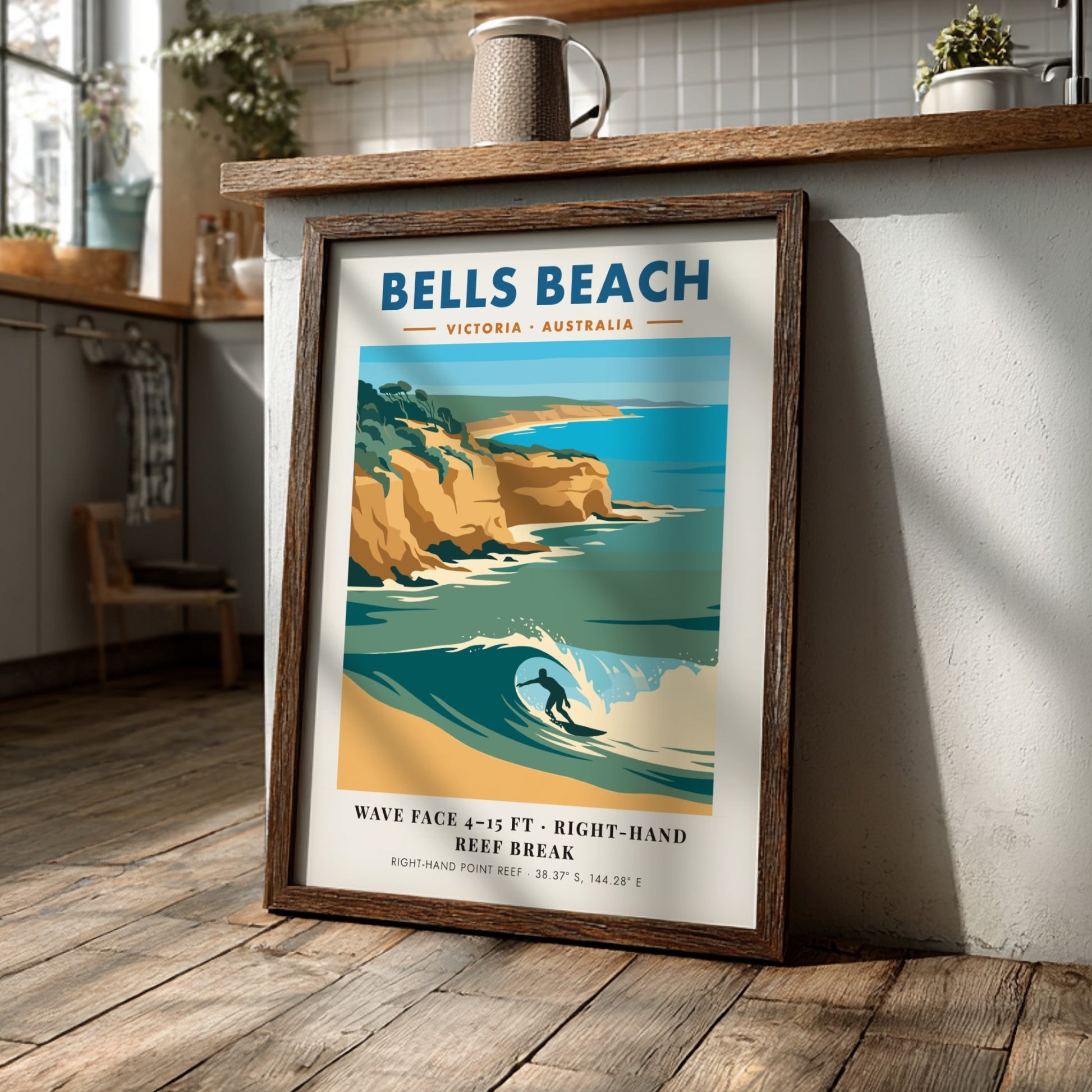 Bells Beach travel poster featuring a surfer on a wave with golden cliffs background