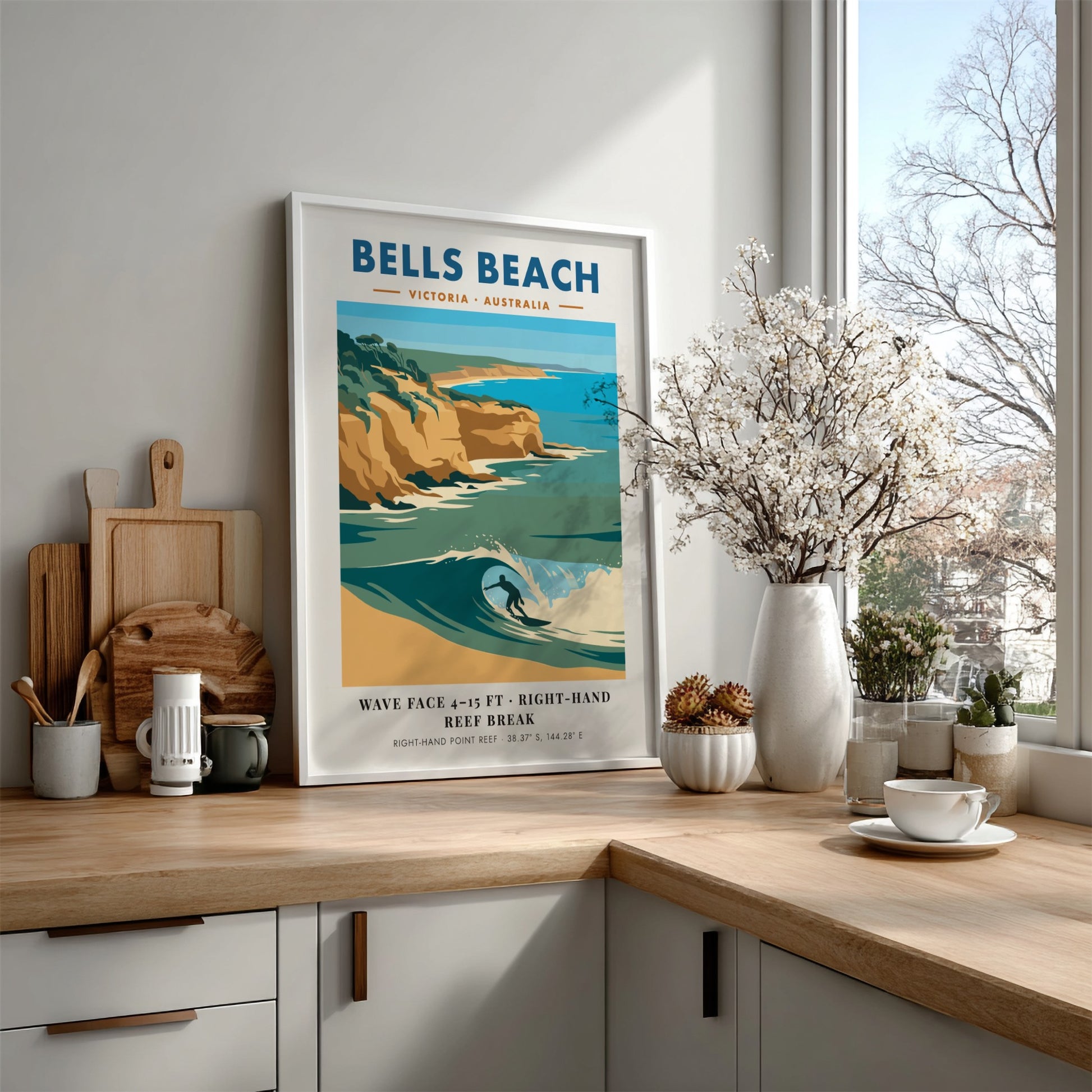 Bells Beach travel poster featuring a surfer on a wave with golden cliffs background