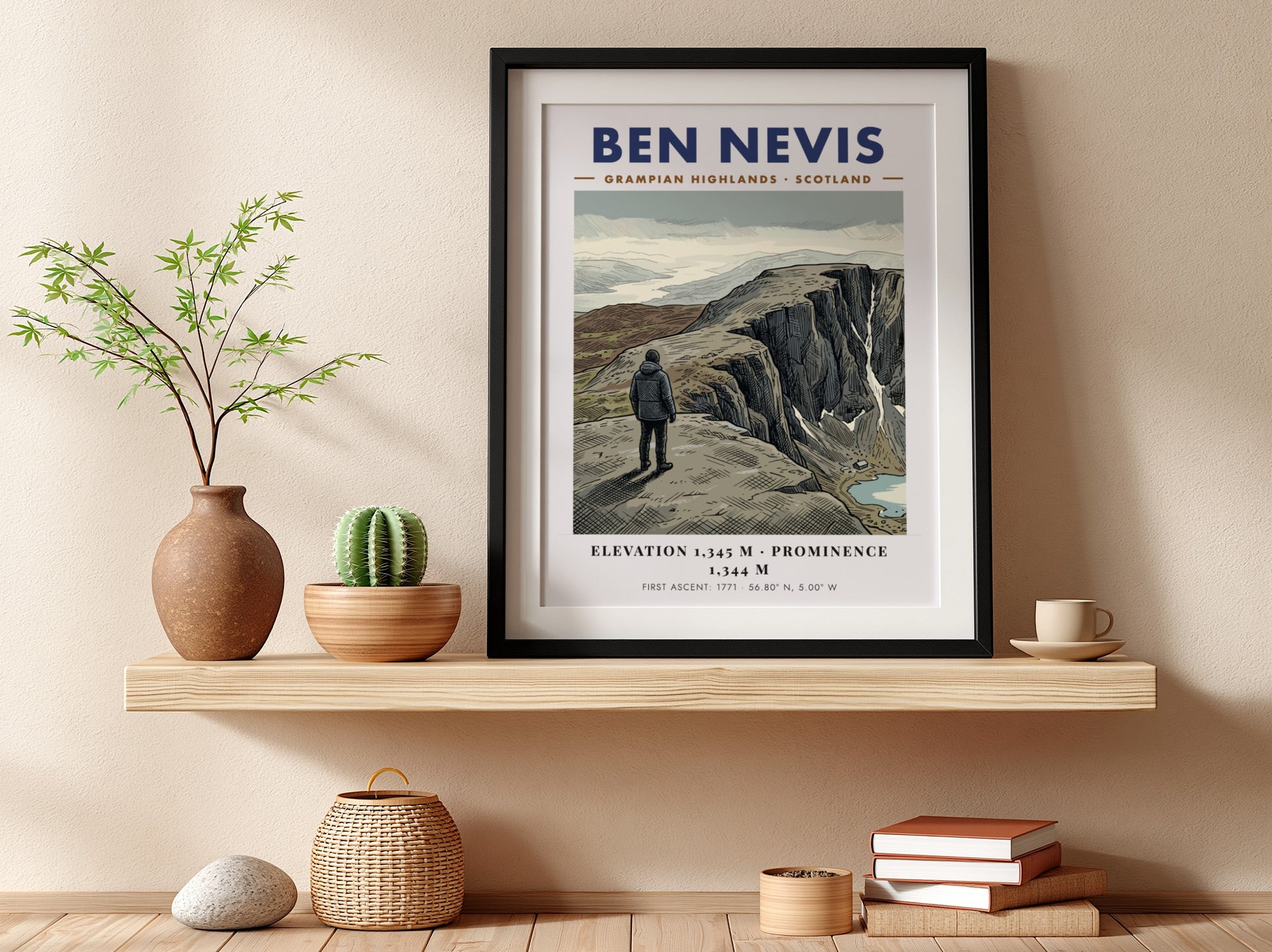 Poster of Ben Nevis in the Grampian Highlands with a hiker overlooking cliffs.