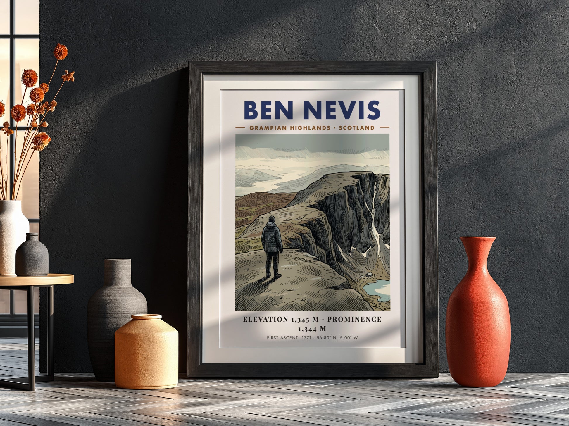 Poster of Ben Nevis in the Grampian Highlands with a hiker overlooking cliffs.