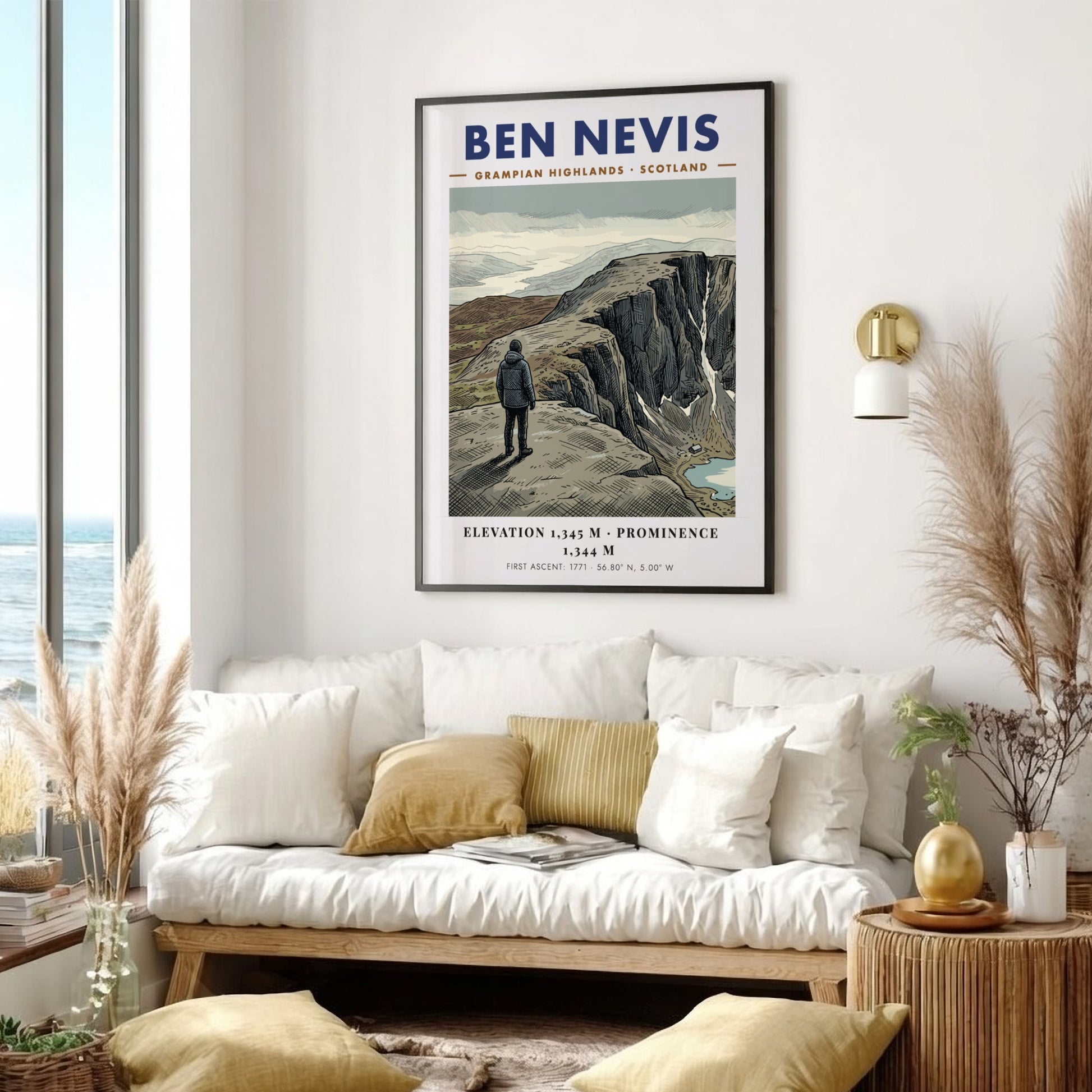 Poster of Ben Nevis in the Grampian Highlands with a hiker overlooking cliffs.