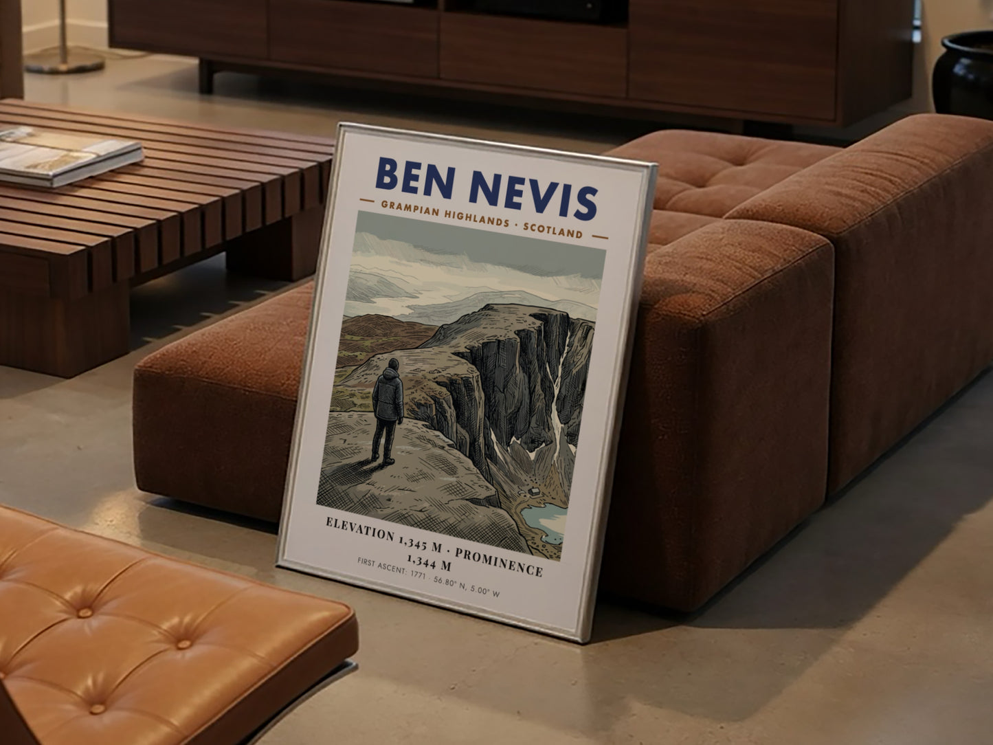 Poster of Ben Nevis in the Grampian Highlands with a hiker overlooking cliffs.