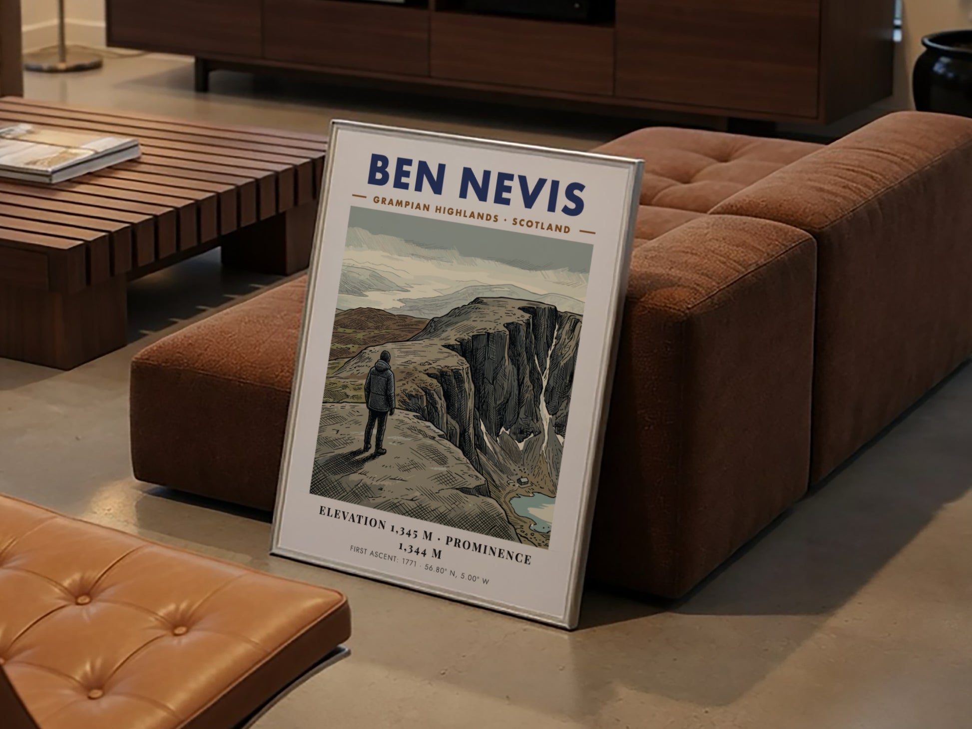 Poster of Ben Nevis in the Grampian Highlands with a hiker overlooking cliffs.
