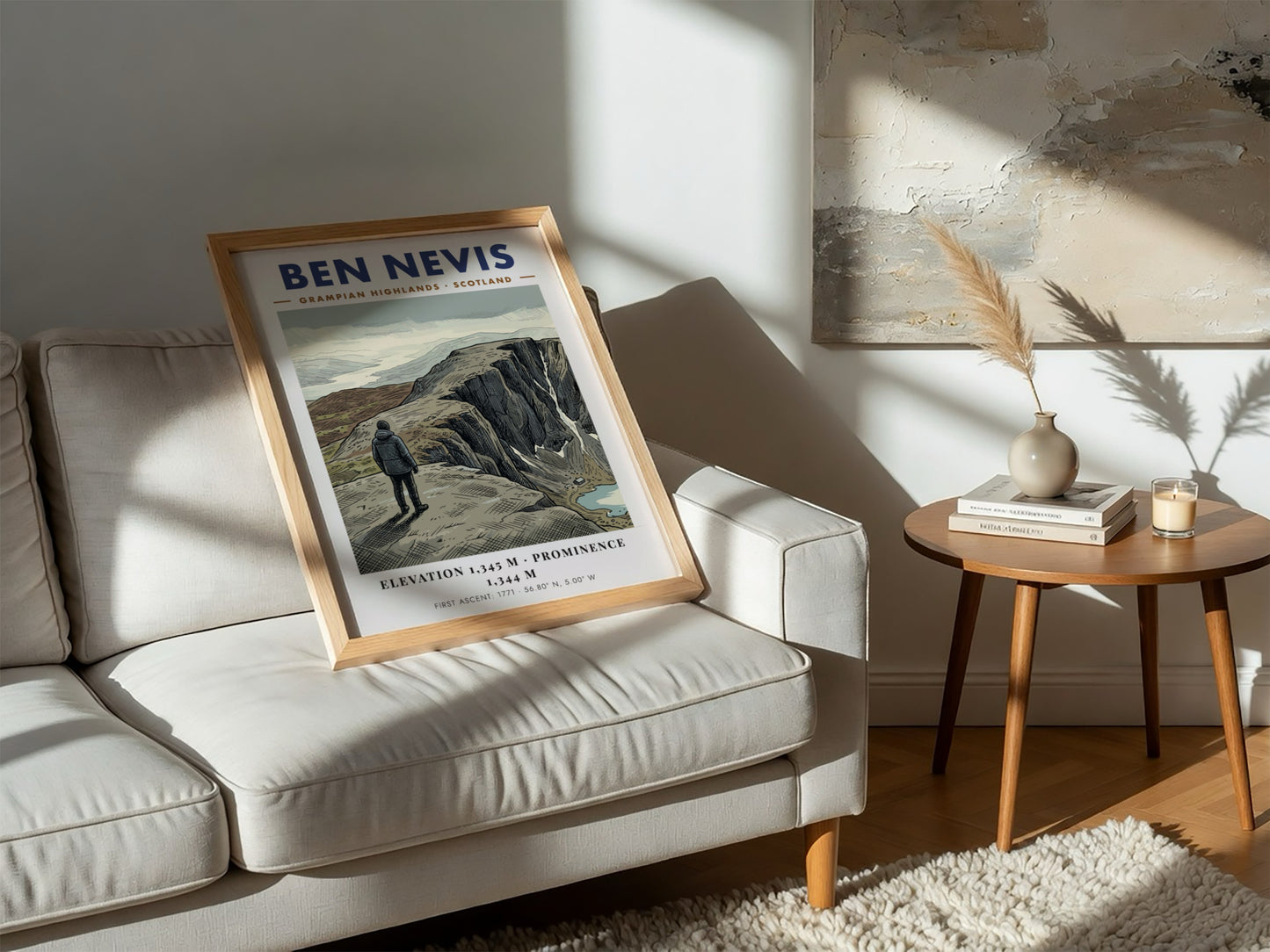 Poster of Ben Nevis in the Grampian Highlands with a hiker overlooking cliffs.