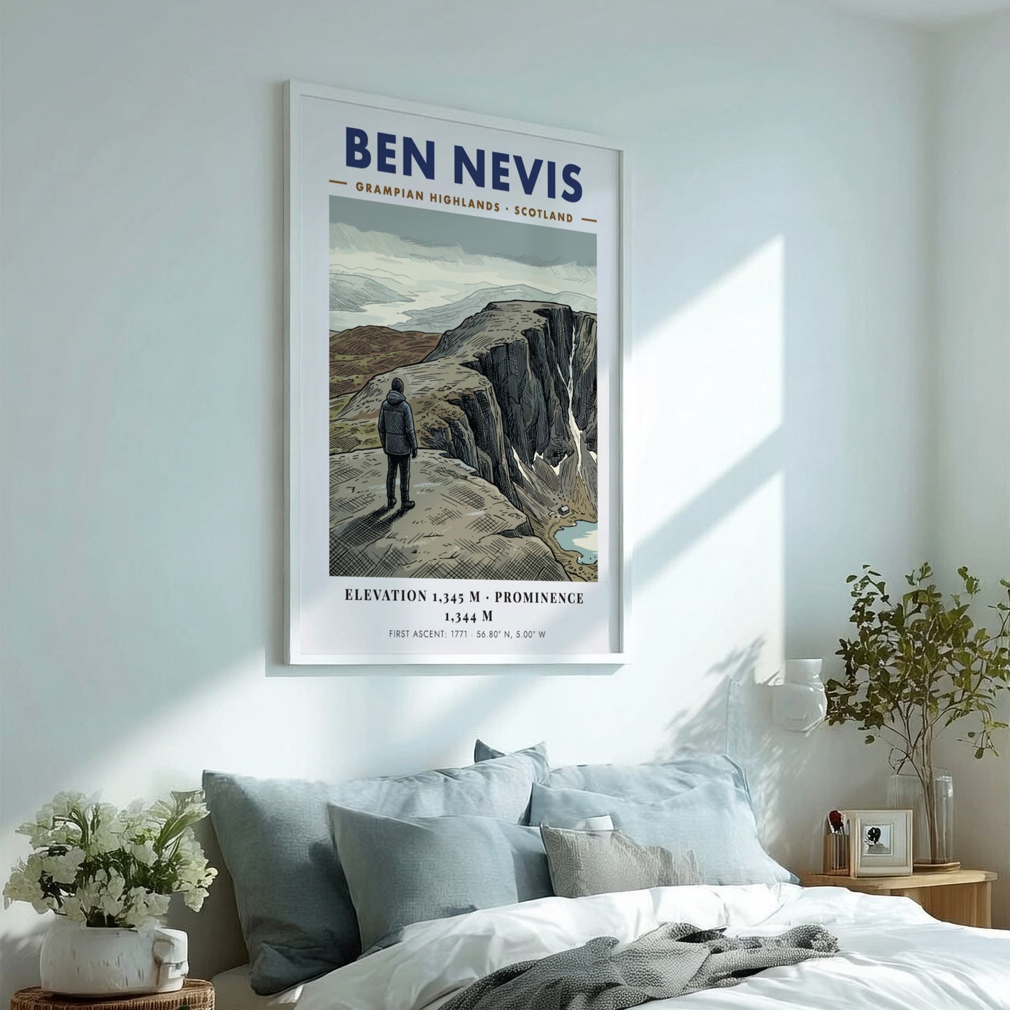 Poster of Ben Nevis in the Grampian Highlands with a hiker overlooking cliffs.