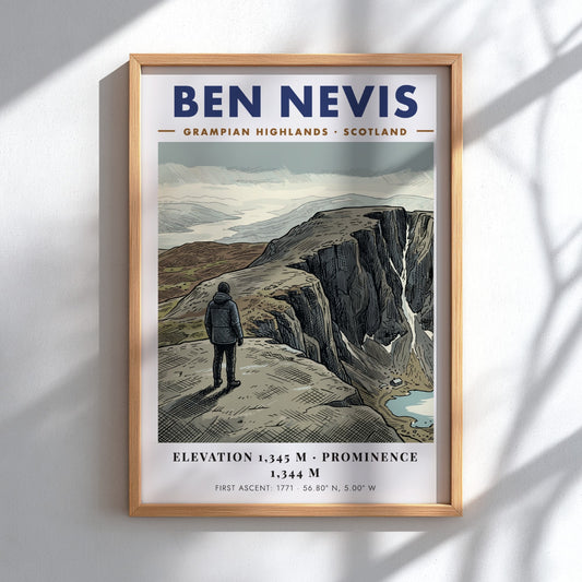 Poster of Ben Nevis in the Grampian Highlands with a hiker overlooking cliffs.