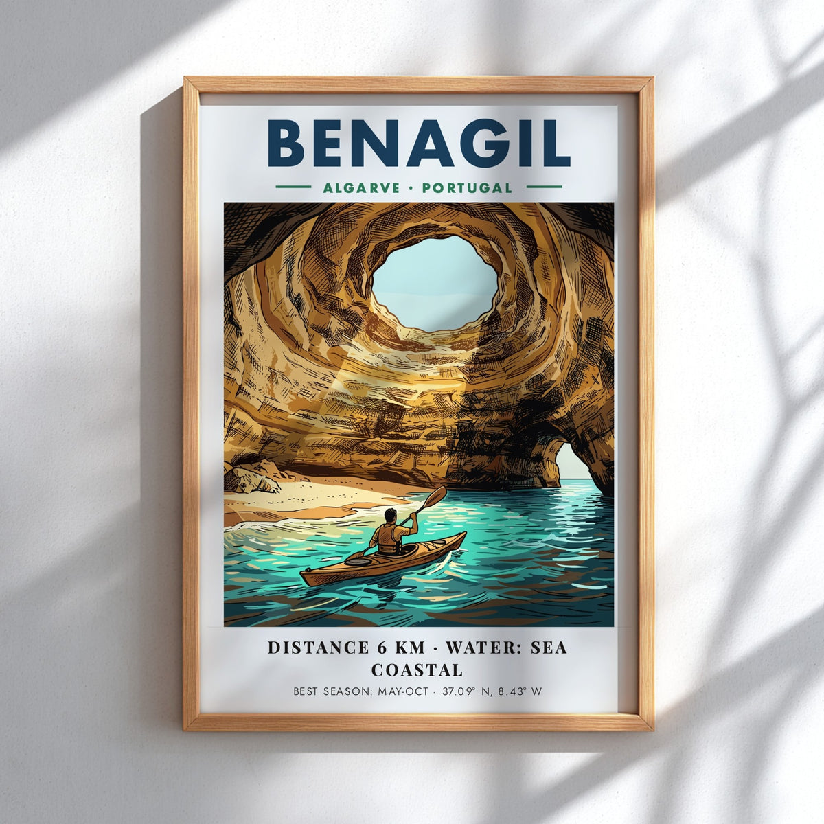 Poster of a person kayaking inside the golden Benagil sea cave in Portugal