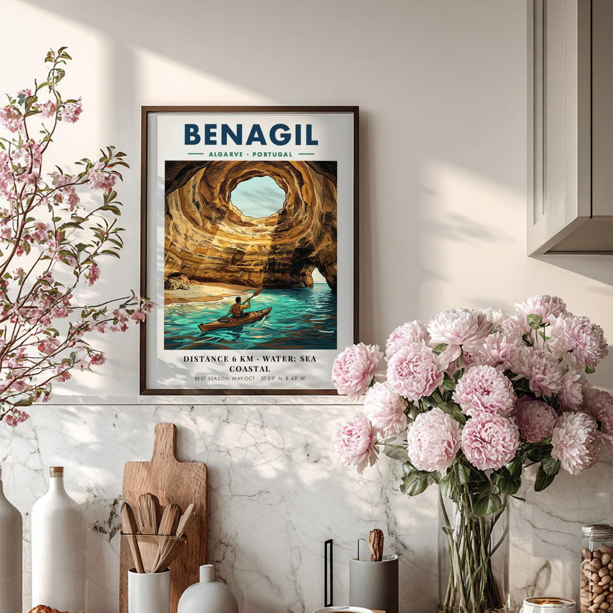 Poster of a person kayaking inside the golden Benagil sea cave in Portugal