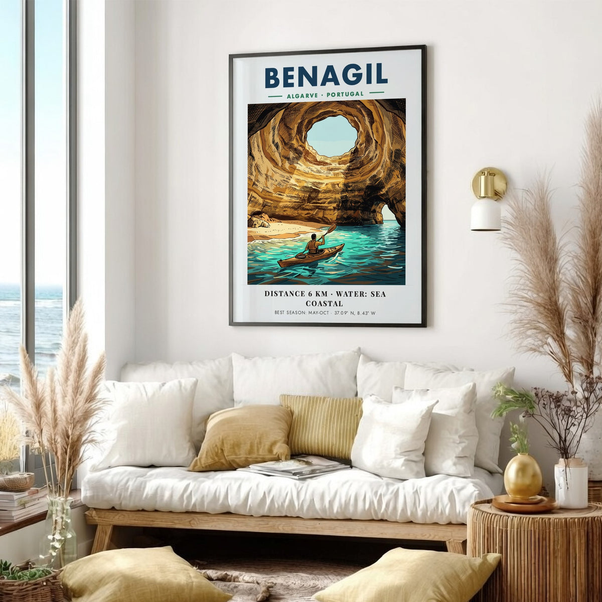 Poster of a person kayaking inside the golden Benagil sea cave in Portugal