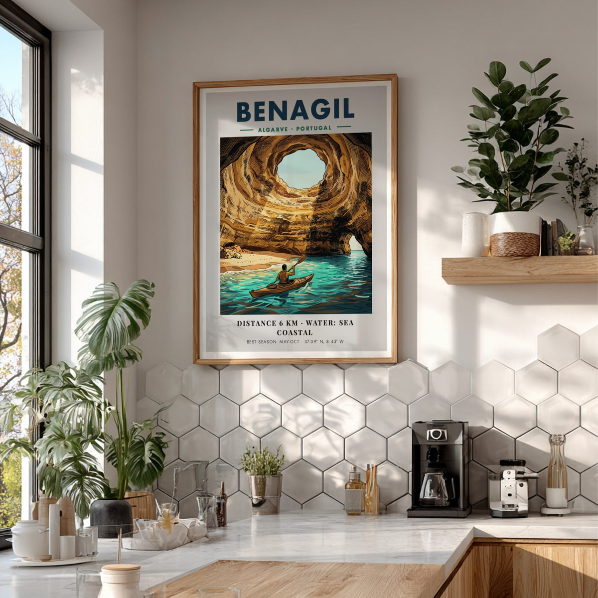 Poster of a person kayaking inside the golden Benagil sea cave in Portugal