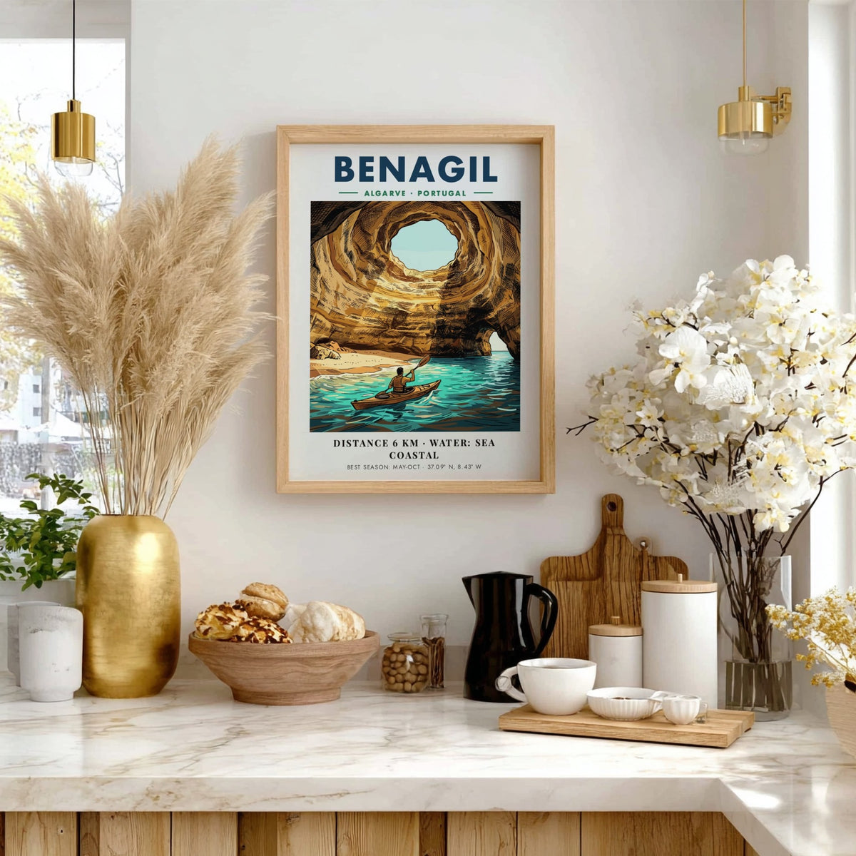 Poster of a person kayaking inside the golden Benagil sea cave in Portugal