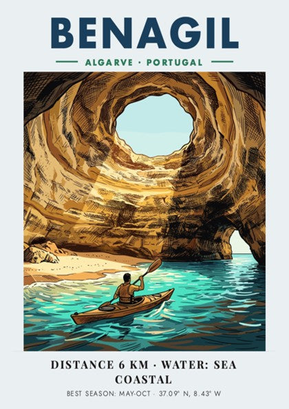 Poster of a person kayaking inside the golden Benagil sea cave in Portugal