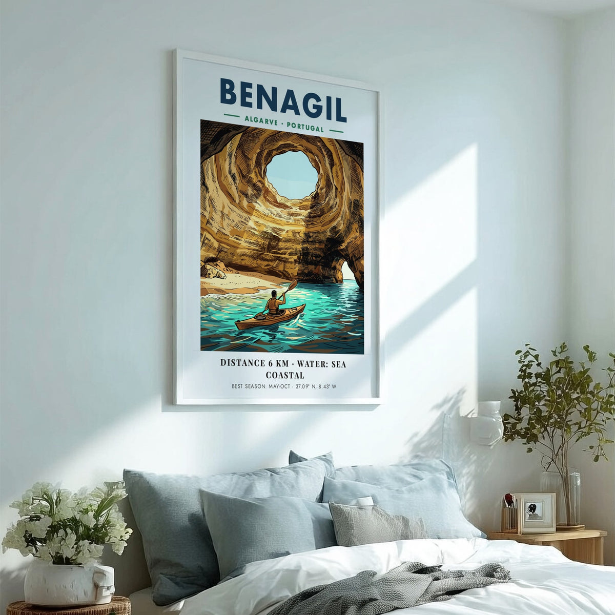 Poster of a person kayaking inside the golden Benagil sea cave in Portugal