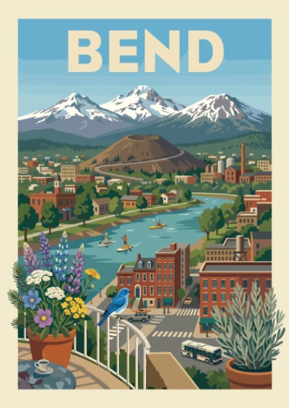 Bend Oregon cityscape poster with river, mountains, volcano, and colorful buildings in a vintage travel art