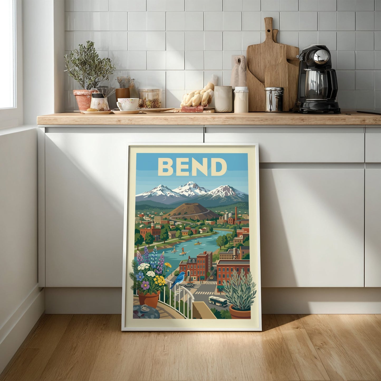 Bend Oregon cityscape poster with river, mountains, volcano, and colorful buildings in a vintage travel art