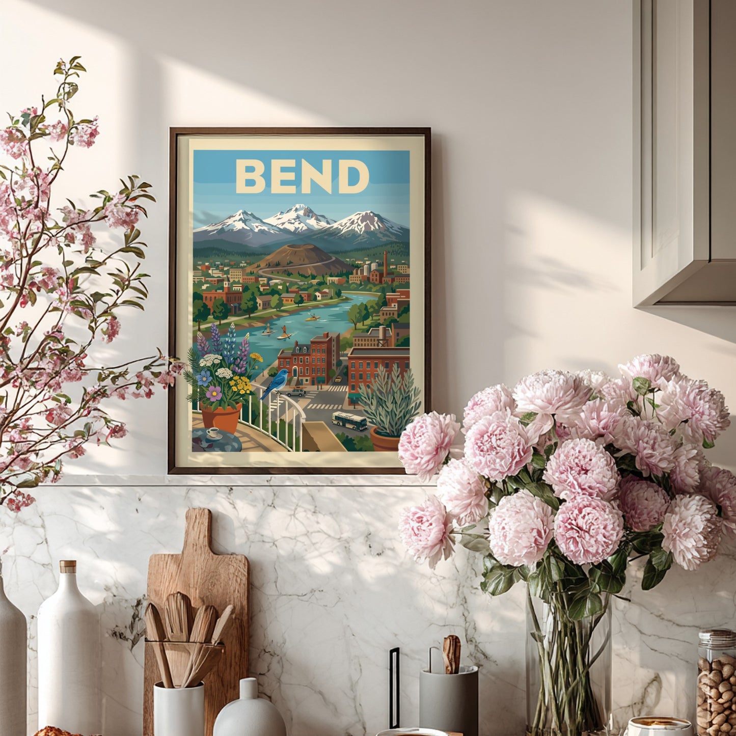 Bend Oregon cityscape poster with river, mountains, volcano, and colorful buildings in a vintage travel art