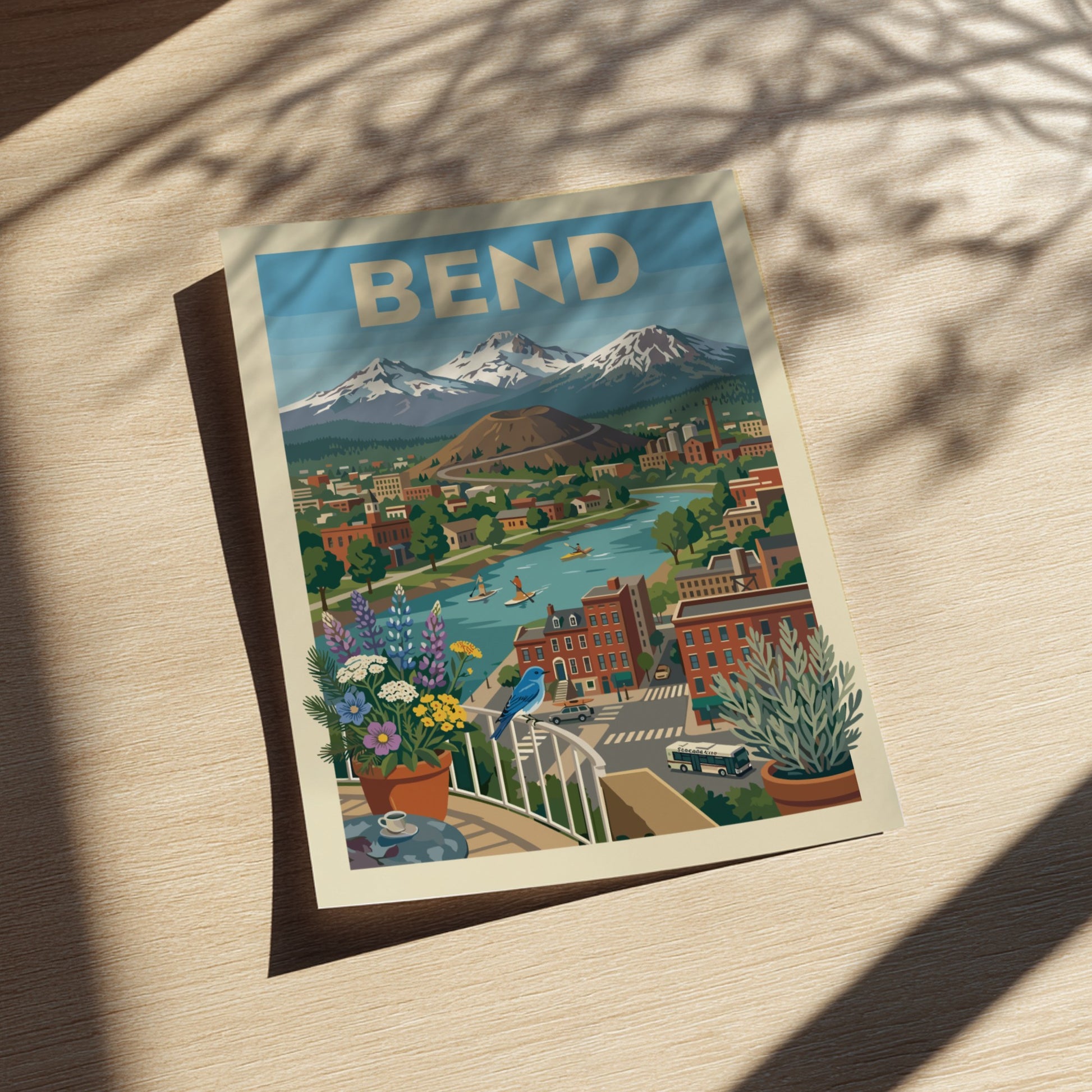 Bend Oregon cityscape poster with river, mountains, volcano, and colorful buildings in a vintage travel art