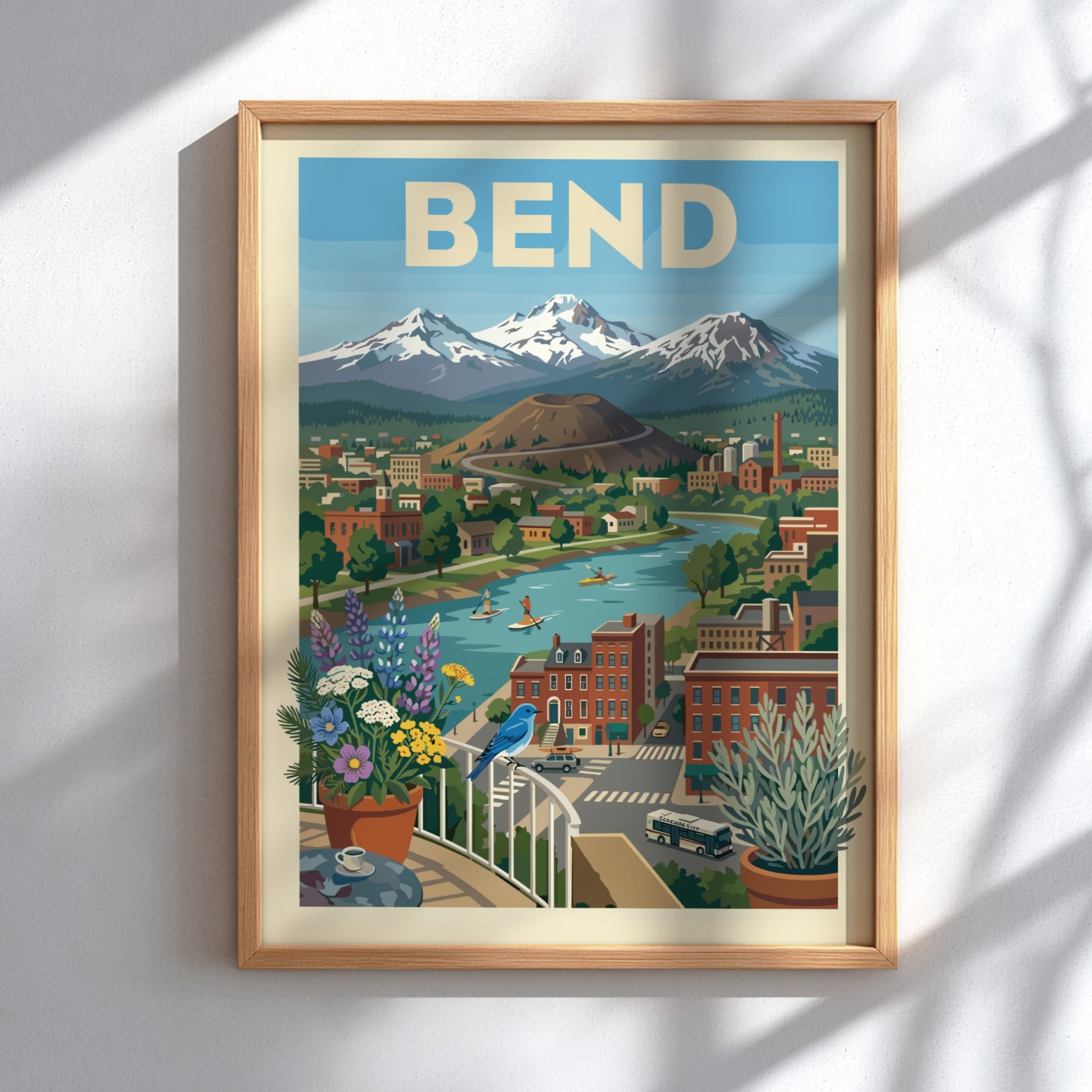 Bend Oregon cityscape poster with river, mountains, volcano, and colorful buildings in a vintage travel art