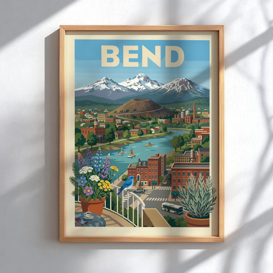 Bend Oregon cityscape poster with river, mountains, volcano, and colorful buildings in a vintage travel art