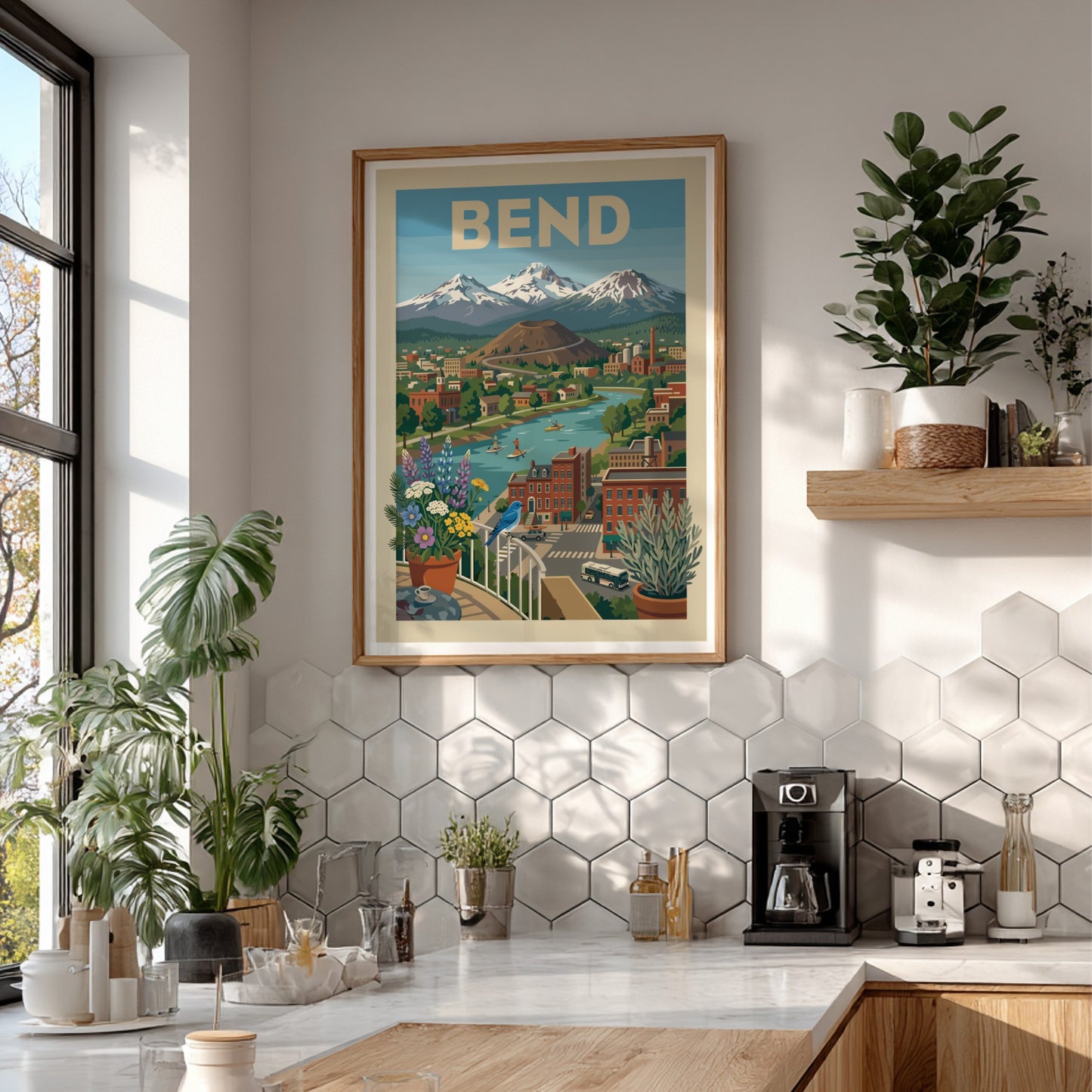 Bend Oregon cityscape poster with river, mountains, volcano, and colorful buildings in a vintage travel art