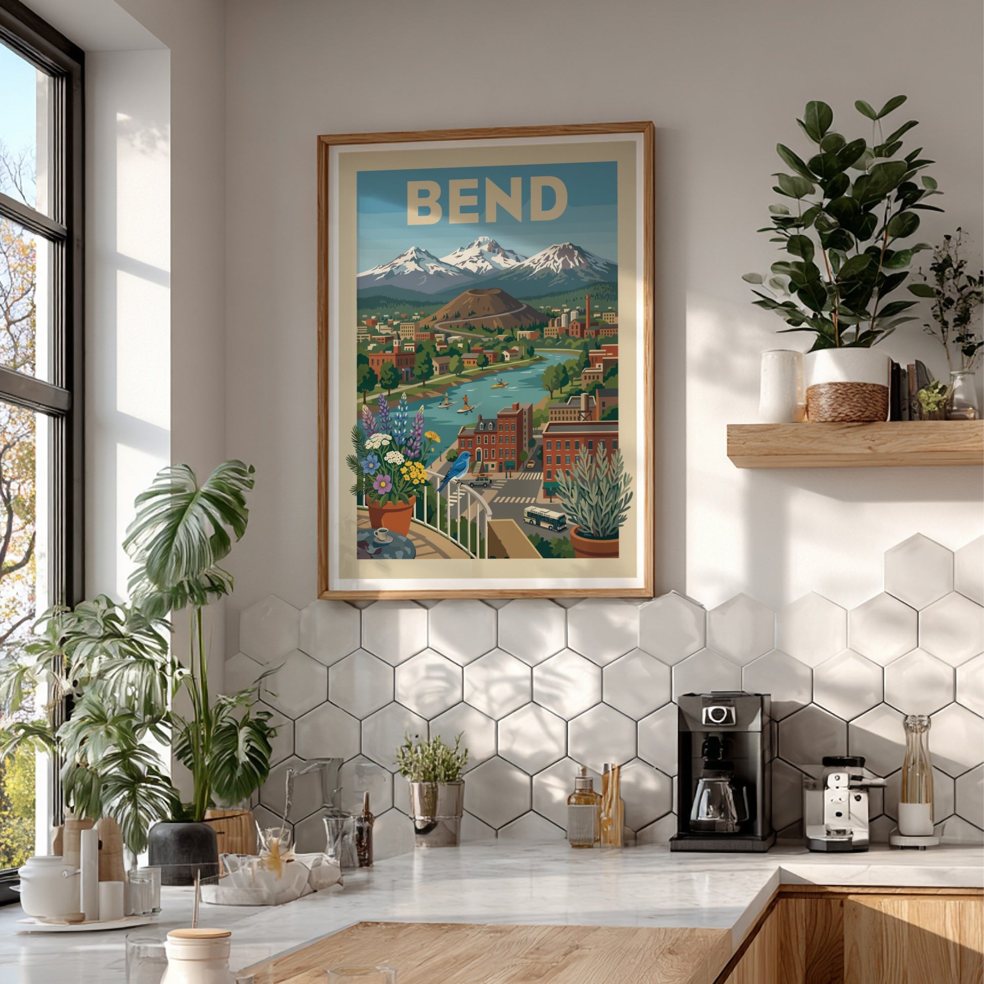 Bend Oregon cityscape poster with river, mountains, volcano, and colorful buildings in a vintage travel art