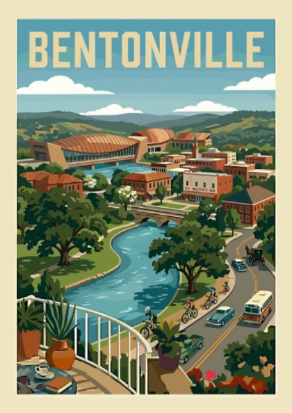 Vintage travel poster of Bentonville cityscape with river, hills, and retro vehicles in a warm color palette.