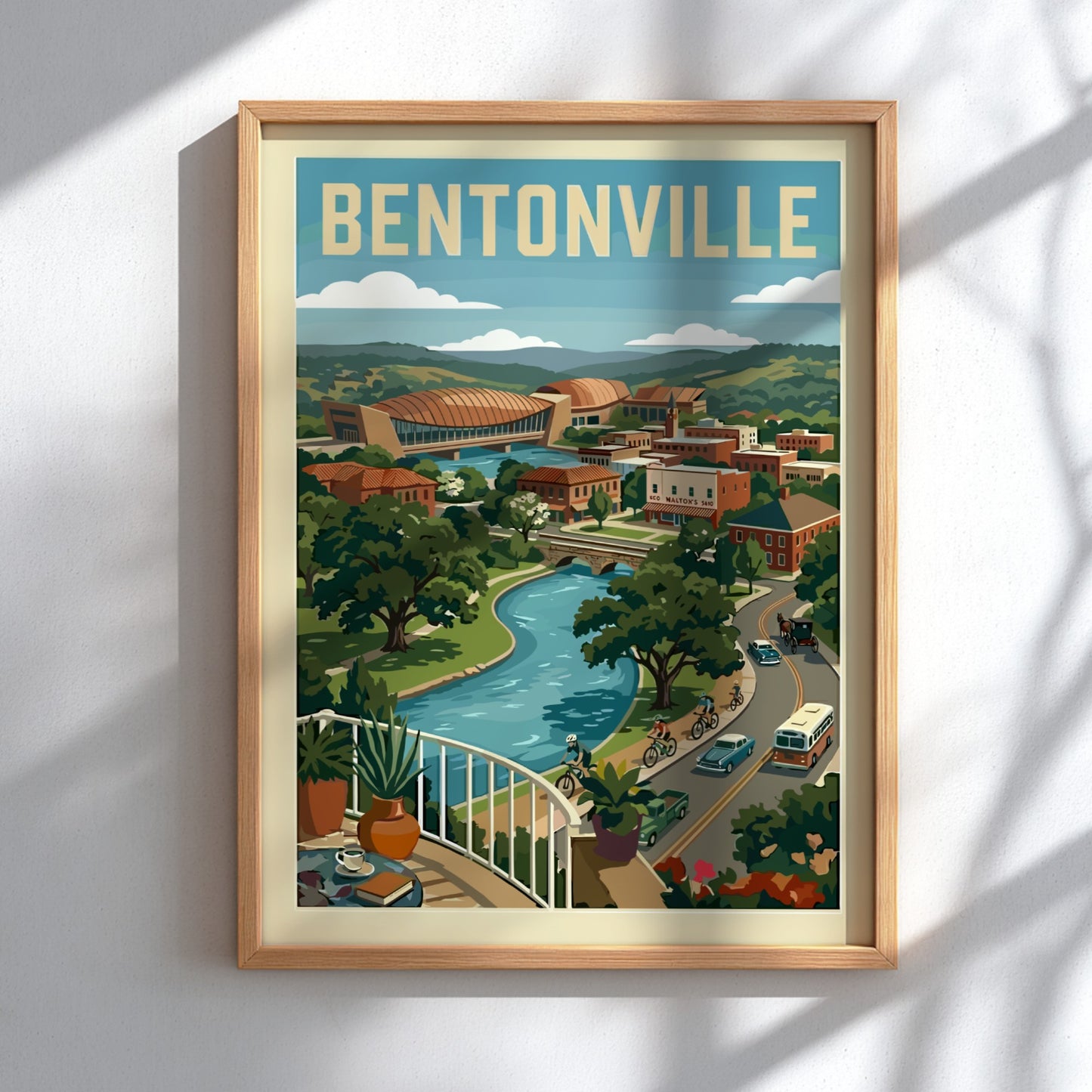 Vintage travel poster of Bentonville cityscape with river, hills, and retro vehicles in a warm color palette.
