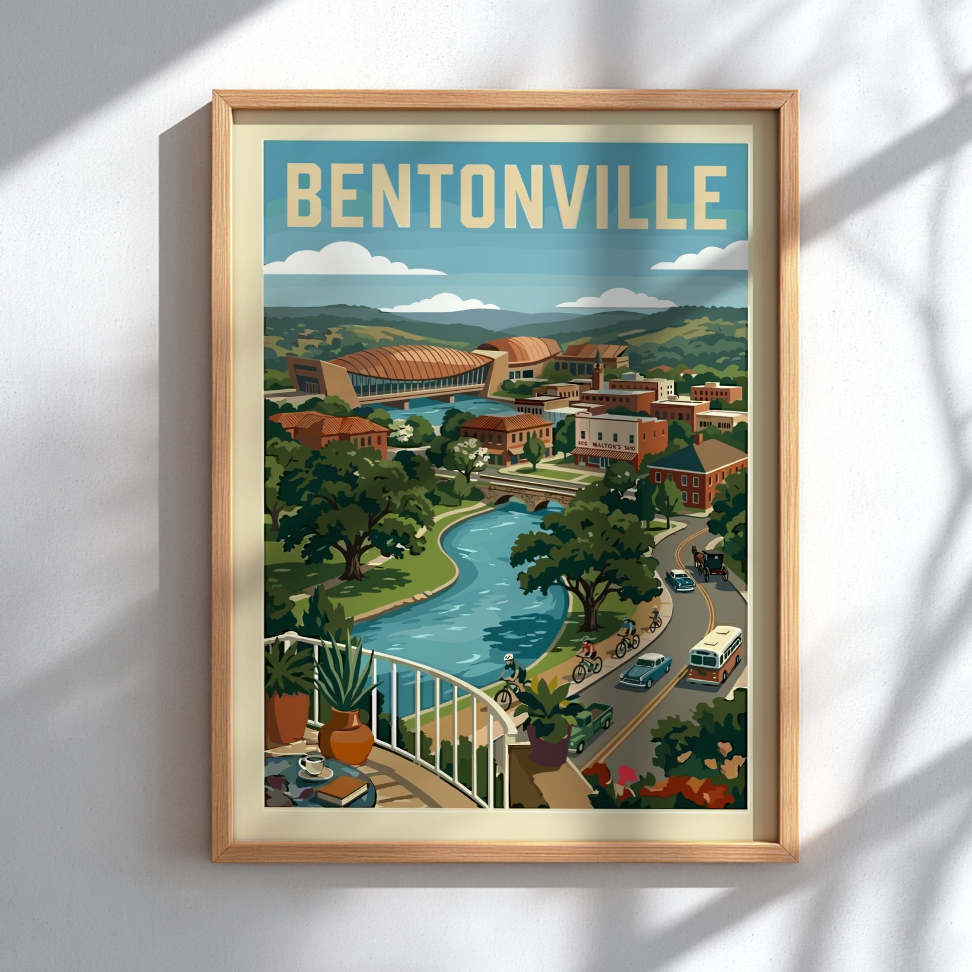 Vintage travel poster of Bentonville cityscape with river, hills, and retro vehicles in a warm color palette.