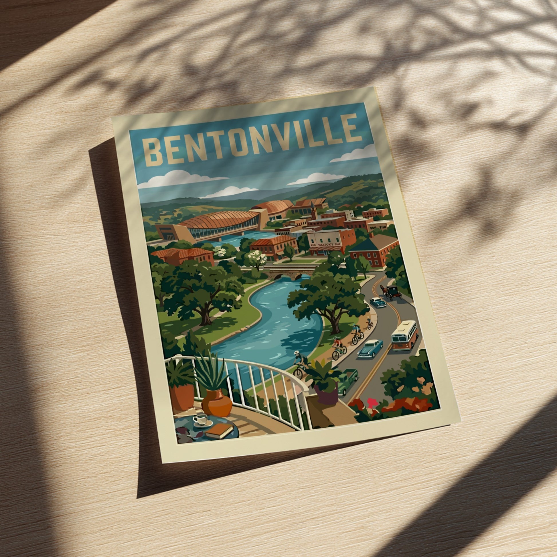 Vintage travel poster of Bentonville cityscape with river, hills, and retro vehicles in a warm color palette.