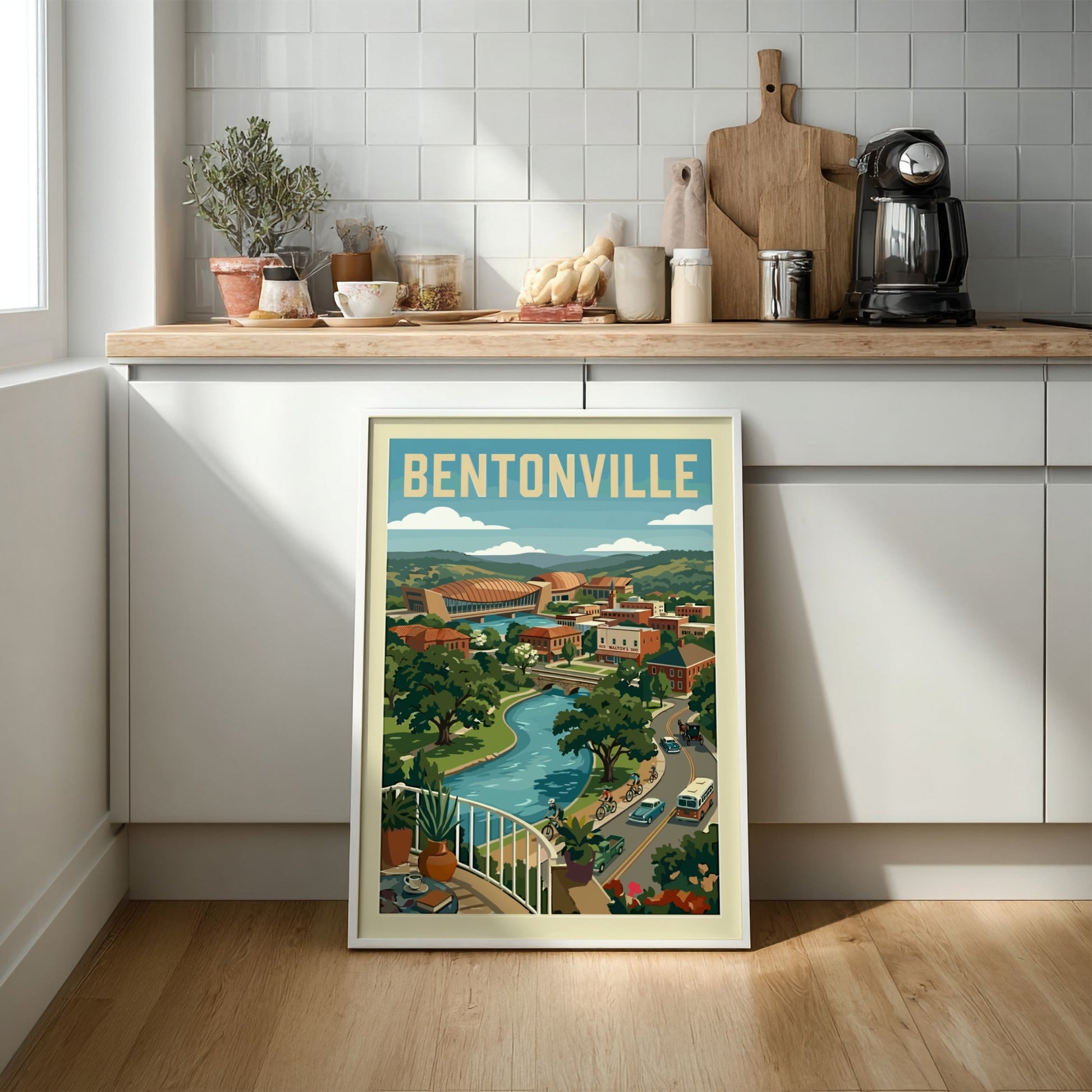 Vintage travel poster of Bentonville cityscape with river, hills, and retro vehicles in a warm color palette.