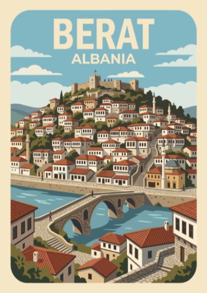Poster showing Berat Albania with white hillside houses, stone bridge, and ancient castle.