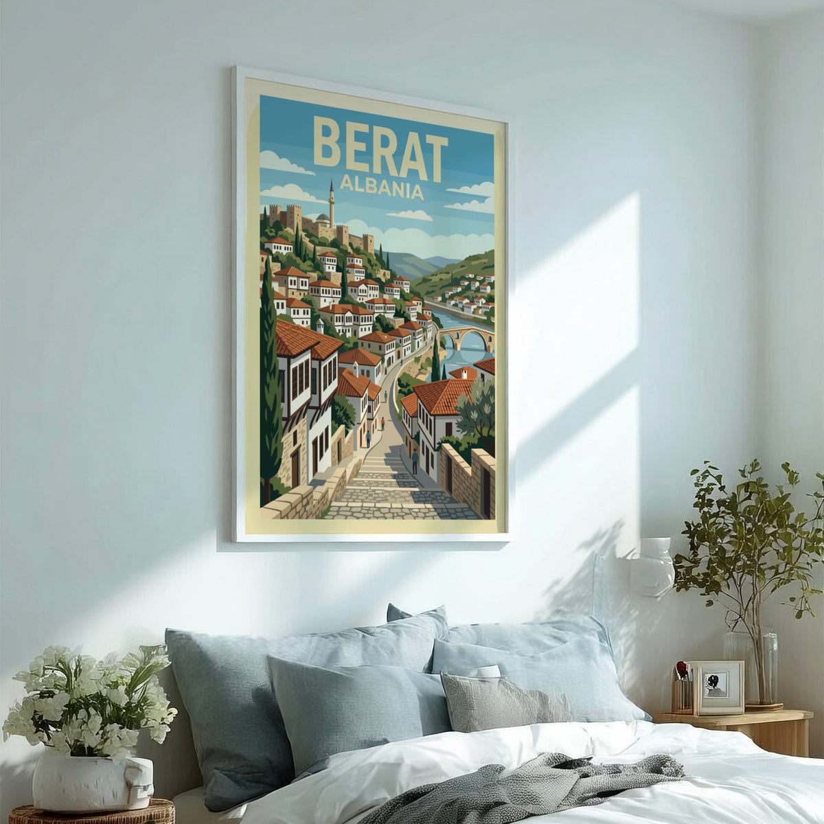 Poster of Berat Albania featuring stacked Ottoman houses and a bridge in illustration