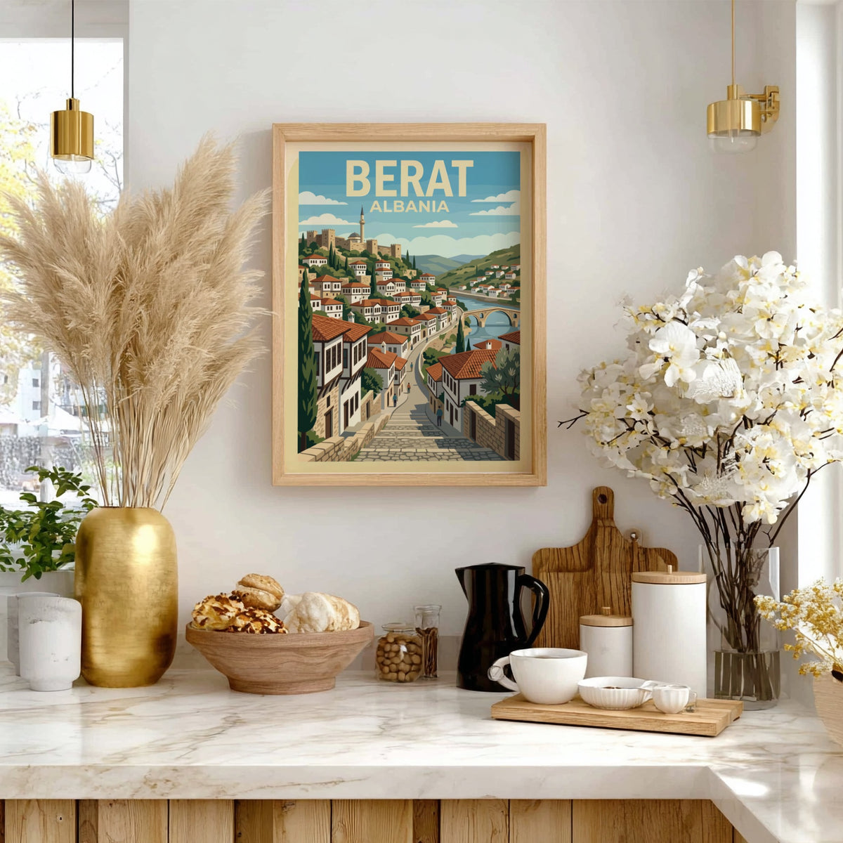 Poster of Berat Albania featuring stacked Ottoman houses and a bridge in illustration