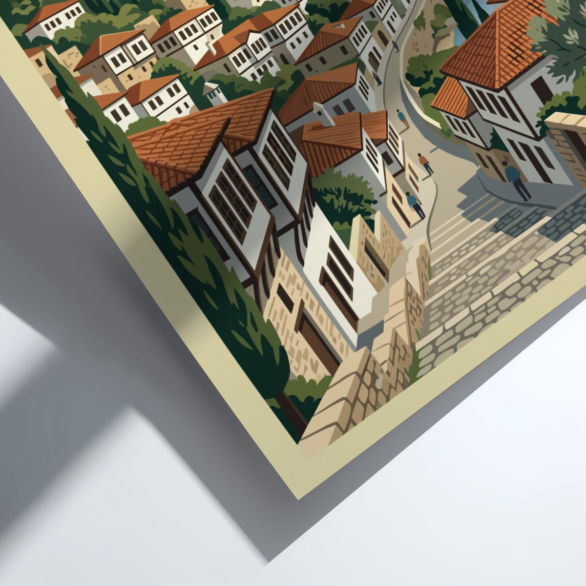 Poster of Berat Albania featuring stacked Ottoman houses and a bridge in illustration