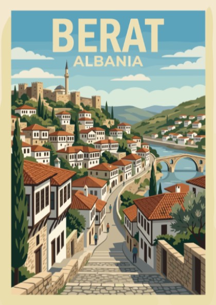 Poster of Berat Albania featuring stacked Ottoman houses and a bridge in illustration