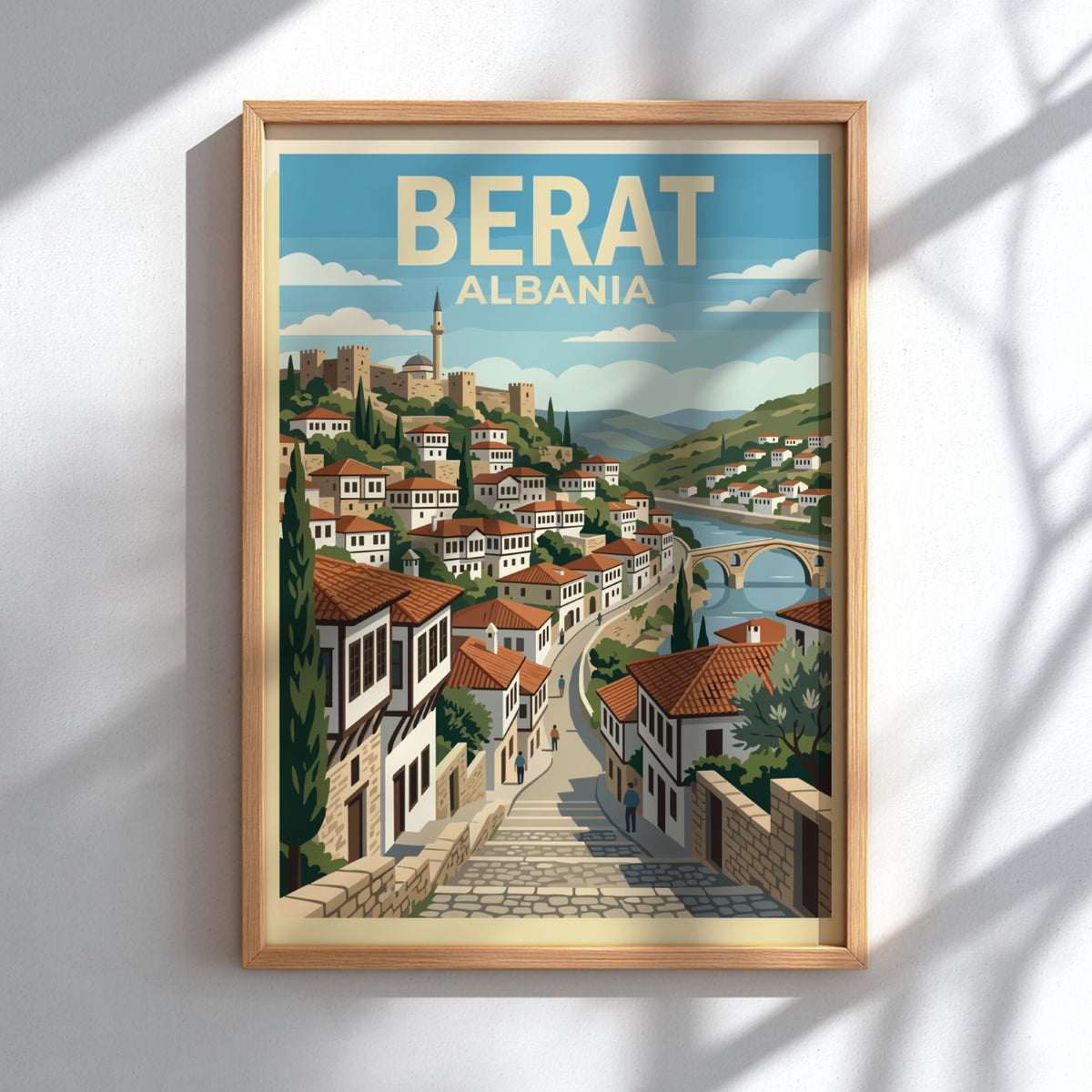 Poster of Berat Albania featuring stacked Ottoman houses and a bridge in illustration