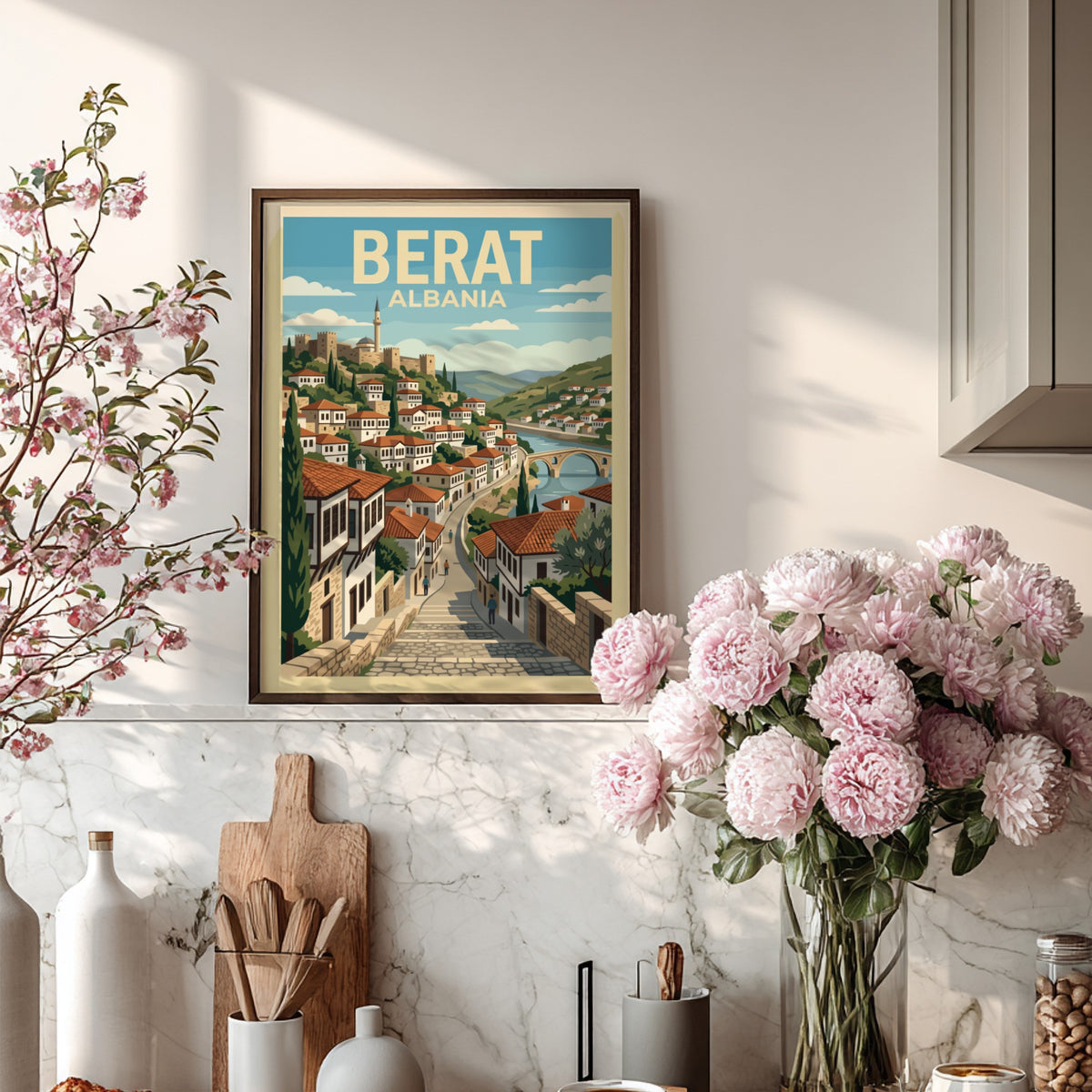 Poster of Berat Albania featuring stacked Ottoman houses and a bridge in illustration