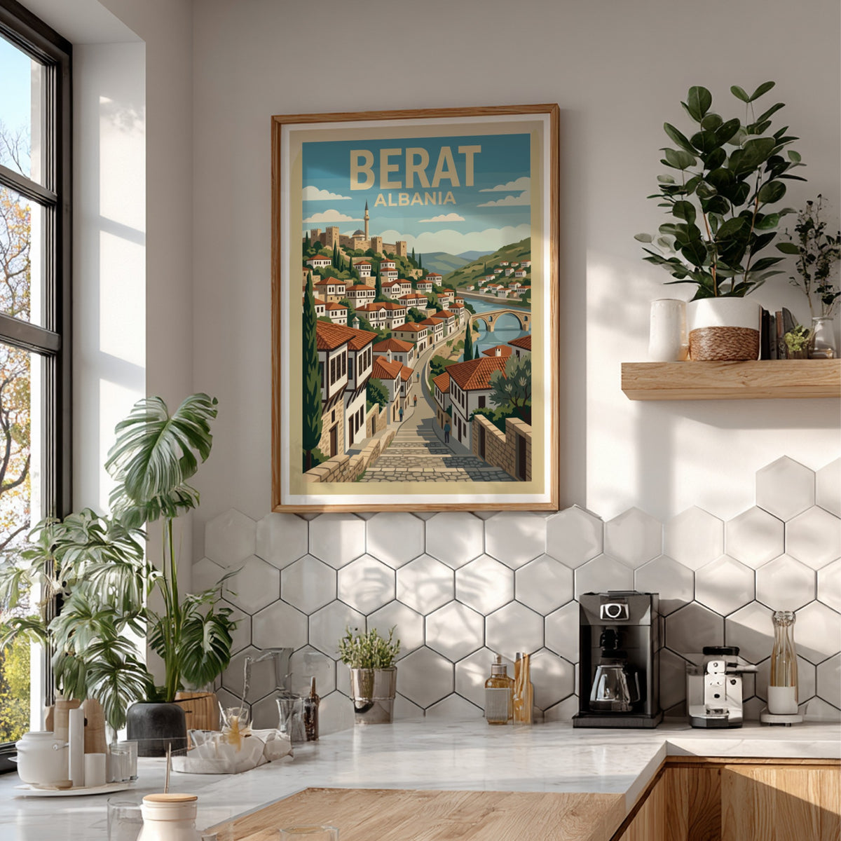 Poster of Berat Albania featuring stacked Ottoman houses and a bridge in illustration