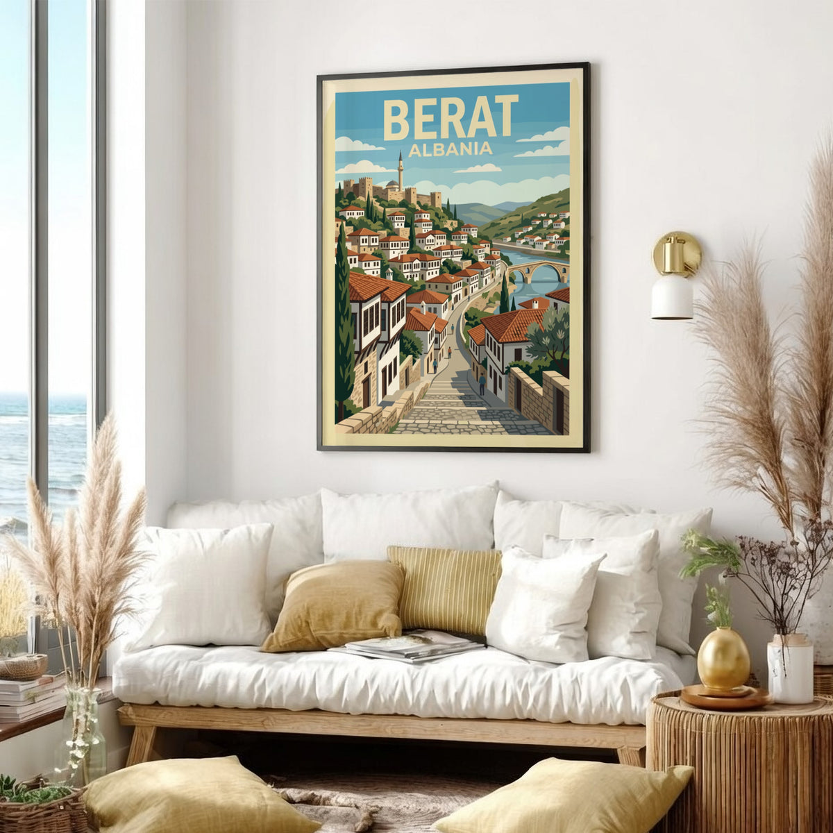 Poster of Berat Albania featuring stacked Ottoman houses and a bridge in illustration