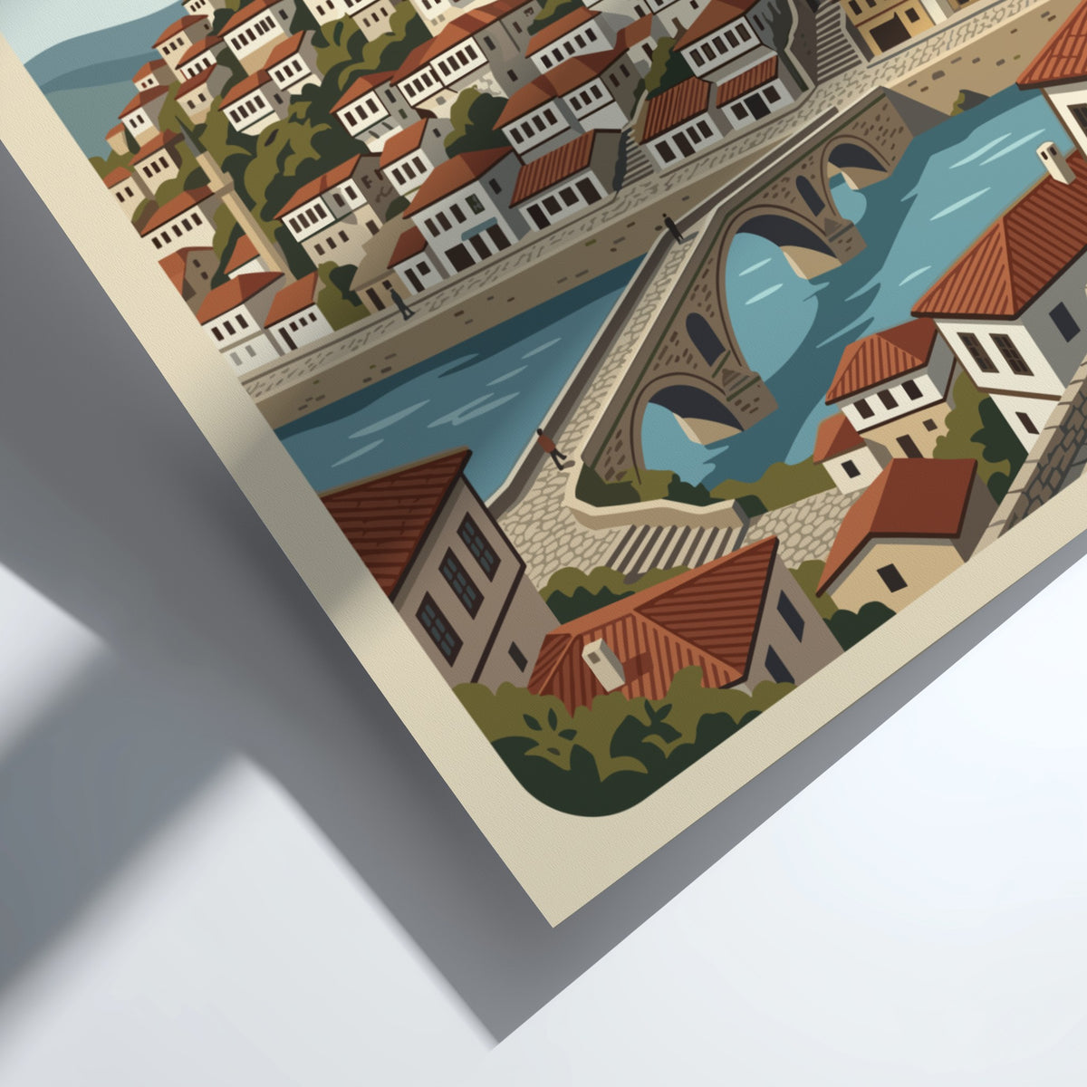 Poster showing Berat Albania with white hillside houses, stone bridge, and ancient castle.