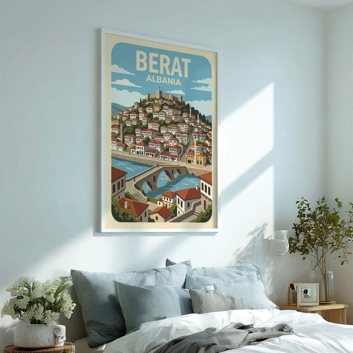 Poster showing Berat Albania with white hillside houses, stone bridge, and ancient castle.