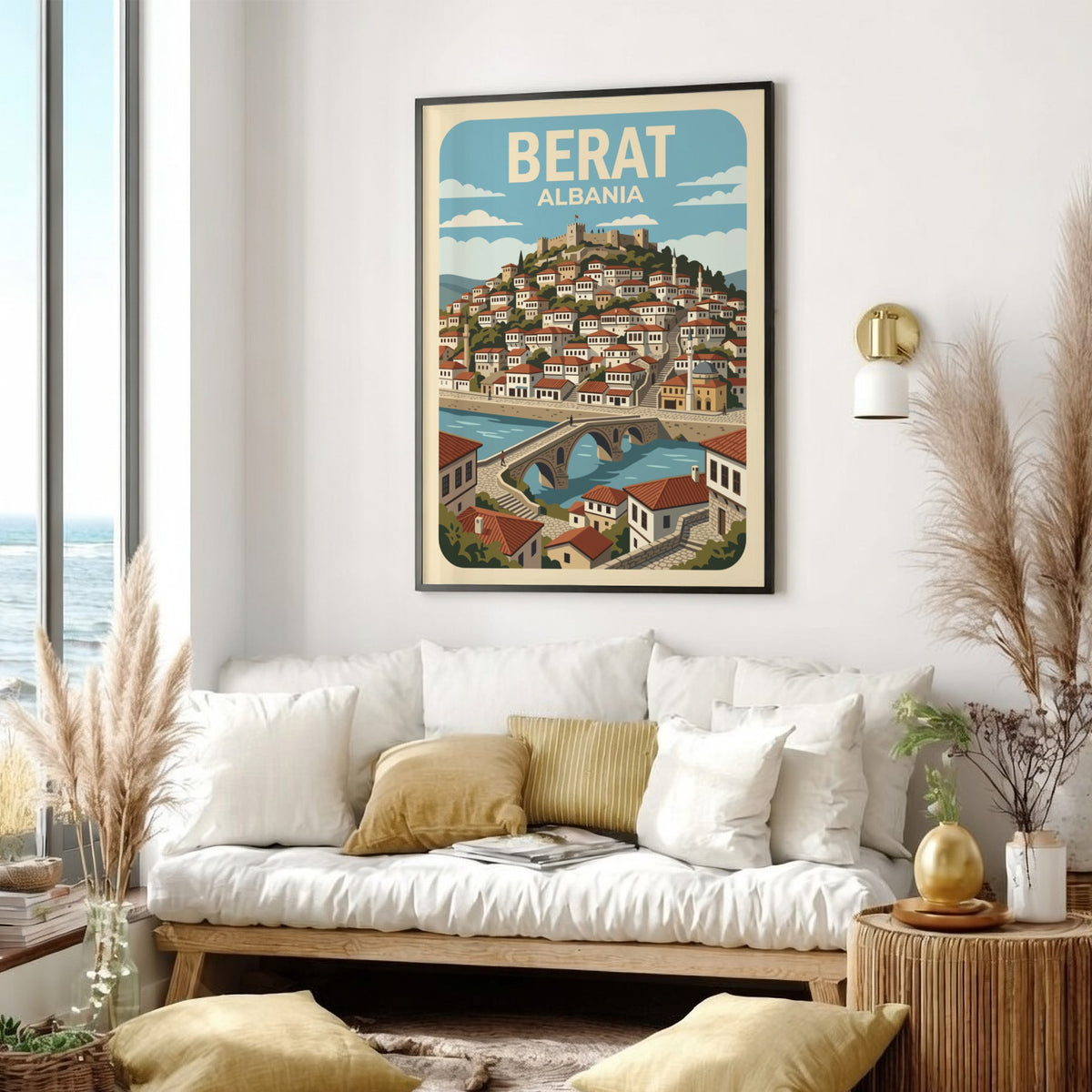 Poster showing Berat Albania with white hillside houses, stone bridge, and ancient castle.