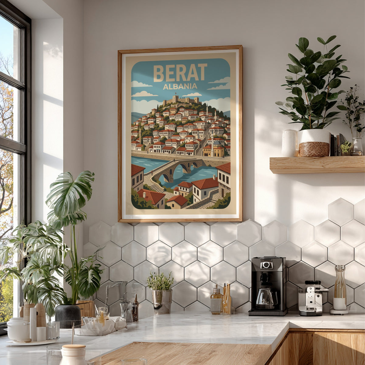 Poster showing Berat Albania with white hillside houses, stone bridge, and ancient castle.