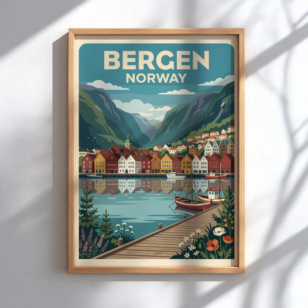 Bergen Norway travel poster showing colourful harbour houses, mountains, boats, and wooden pier.