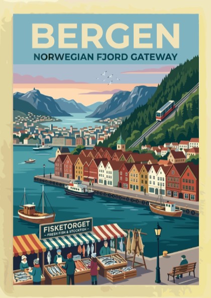 Travel poster of Bergen Norway featuring colourful wooden buildings, a funicular, and boats.