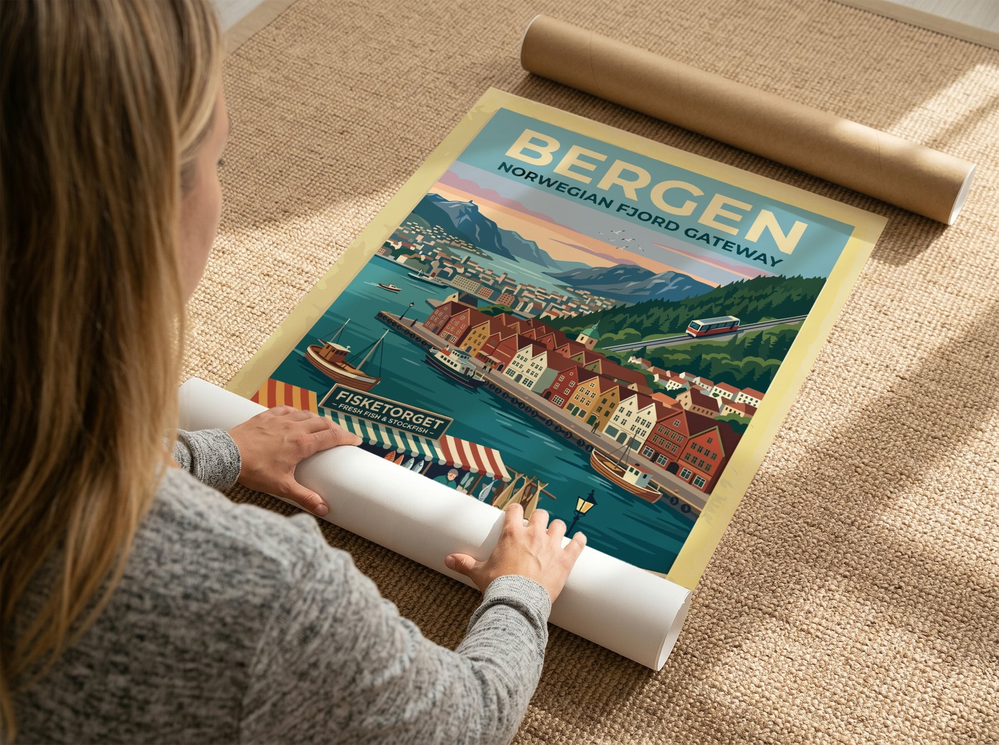 Travel poster of Bergen Norway featuring colourful wooden buildings, a funicular, and boats.