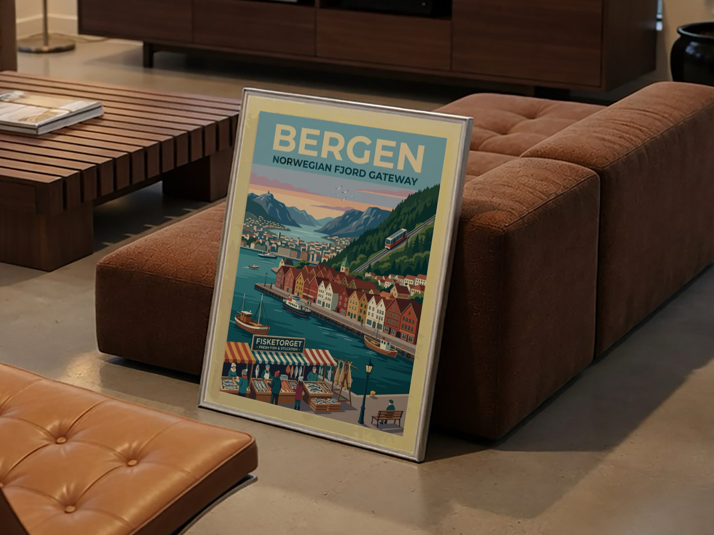 Travel poster of Bergen Norway featuring colourful wooden buildings, a funicular, and boats.