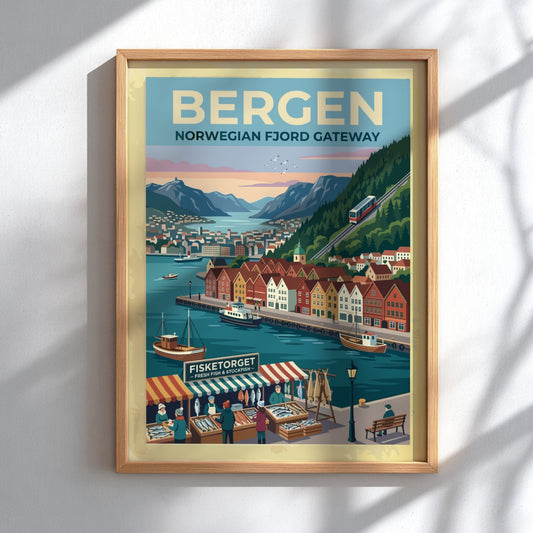 Travel poster of Bergen Norway featuring colourful wooden buildings, a funicular, and boats.